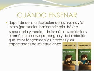 CUÁNDO ENSEÑAR
 depende de la articulación de los niveles y/o
 ciclos (preescolar, básica primaria, básica
 secundaria y media), de los núcleos polémicos
 o temáticos que se propongan y de la relación
 que estos tengan con los intereses y las
 capacidades de los estudiantes
 