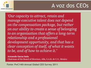 A voz dos CEOs




Fonte: PwC14th Annual Global CEO Survey 2011
 