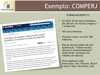 Exemplo: COMPERJ
            O Globo em 09/01/11:

    •   Em 2010: 50 mil novos moradores.
        São 300 mil; em 10 anos chegará a
        1 milhão hab.

    •   160 novas empresas.

    •   Próximos 5 anos: vai atrair 700
        indústrias.

    •   Mão de obra da cidade não tem
        qualificação. “Faltam escolas
        técnicas e profissionalizantes”
        (Saíde Abrão, Secretário de
        Trabalho de Itaboraí).

    •   Atraiu gigantes: Lojas
        Americanas, C&A, Prezunic, Ricard
        o Eletro, Rossi, Patrimóvel, CHL.
 
