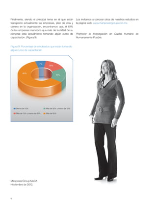 6
Los invitamos a conocer otros de nuestros estudios en
la página web: www.manpowergroup.com.mx
Promover la Investigación en Capital Humano es
Humanamente Posible.
ManpowerGroup MeCA
Noviembre de 2012.
Figura 9. Porcentaje de empleados que están tomando
algún curso de capacitación
Menos del 10%
Más del 10% y menos del 30%
Más del 30% y menos del 50%
Más del 50%
17%
15%
61%
7%
Finalmente, siendo el principal tema en el que están
trabajando actualmente las empresas, plan de vida y
carrera en la organización, encontramos que, el 61%
de las empresas menciona que más de la mitad de su
personal está actualmente tomando algún curso de
capacitación. (Figura 9)
 
