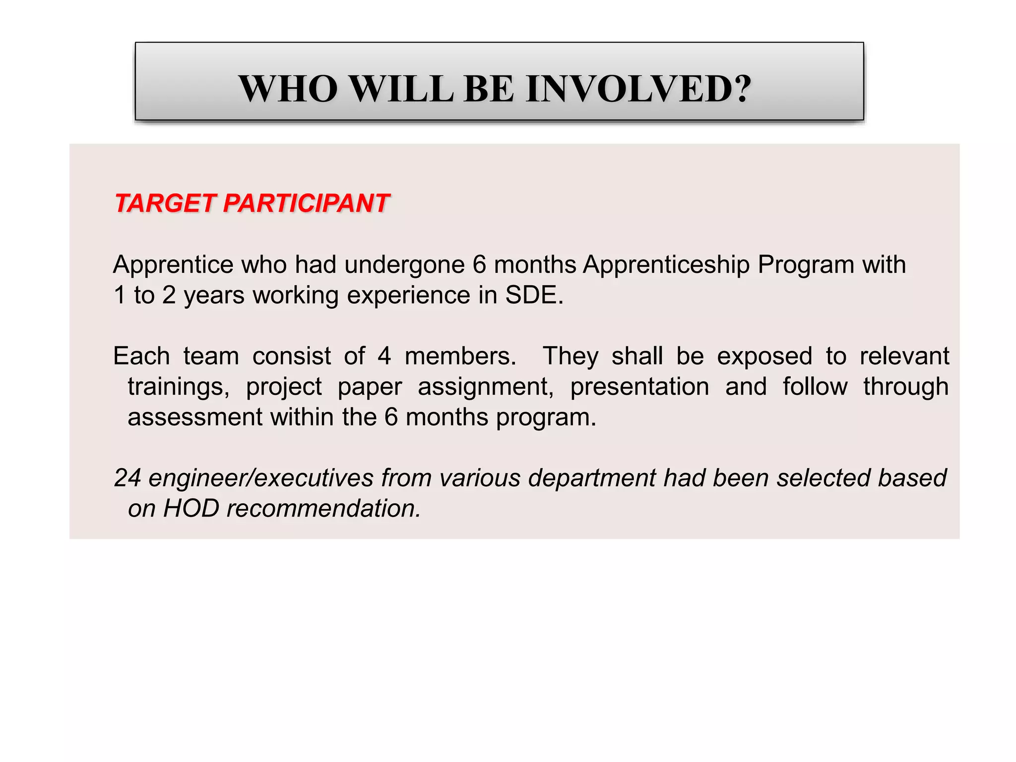 WHO WILL BE INVOLVED?
TARGET PARTICIPANT
Apprentice who had undergone 6 months Apprenticeship Program with
1 to 2 years working experience in SDE.
Each team consist of 4 members. They shall be exposed to relevant
trainings, project paper assignment, presentation and follow through
assessment within the 6 months program.
24 engineer/executives from various department had been selected based
on HOD recommendation.
 