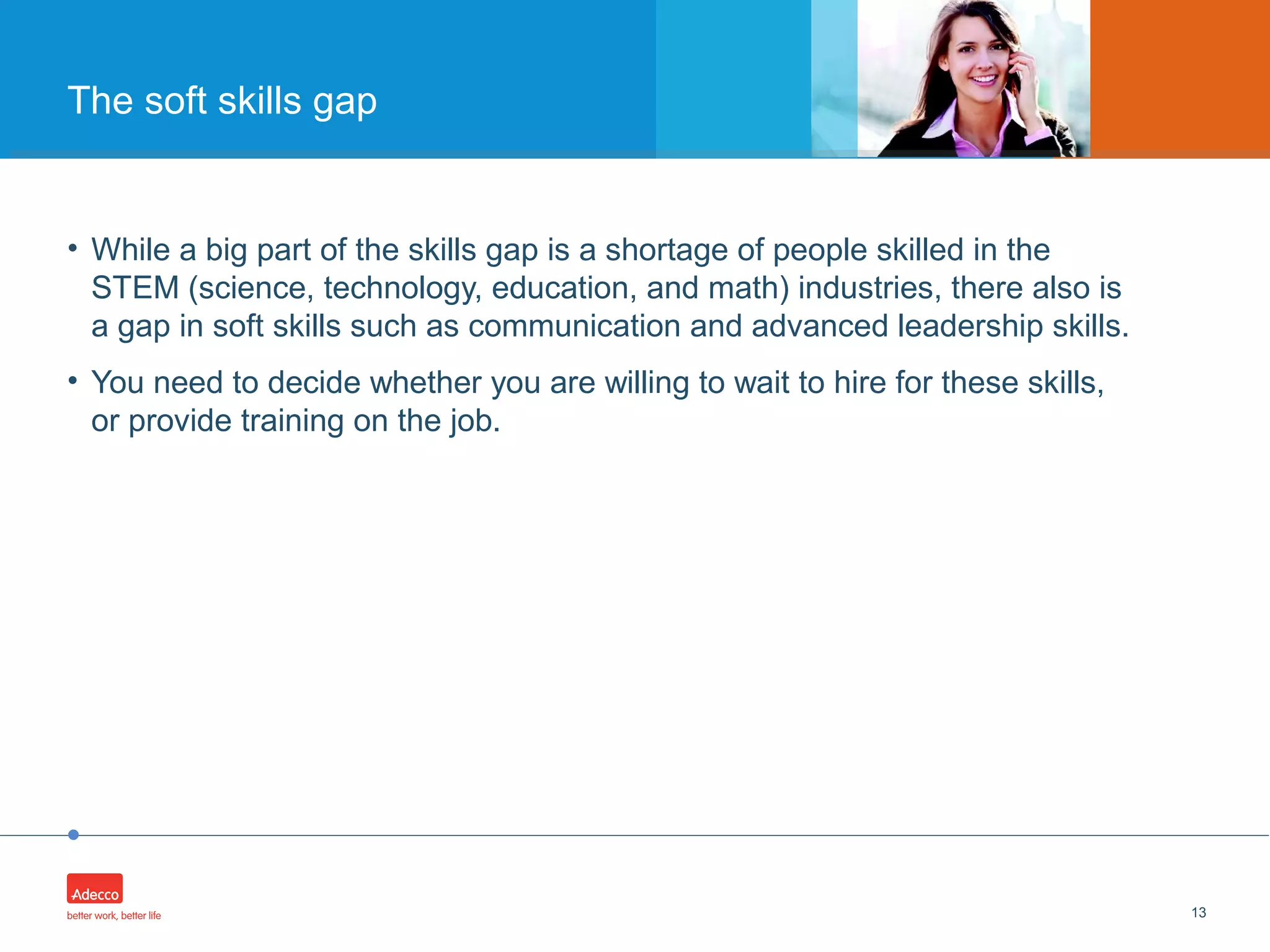 •
• While a big part of the skills gap is a shortage of people skilled in the
STEM (science, technology, education, and math) industries, there also is
a gap in soft skills such as communication and advanced leadership skills.
• You need to decide whether you are willing to wait to hire for these skills,
or provide training on the job.
13
The soft skills gap
 