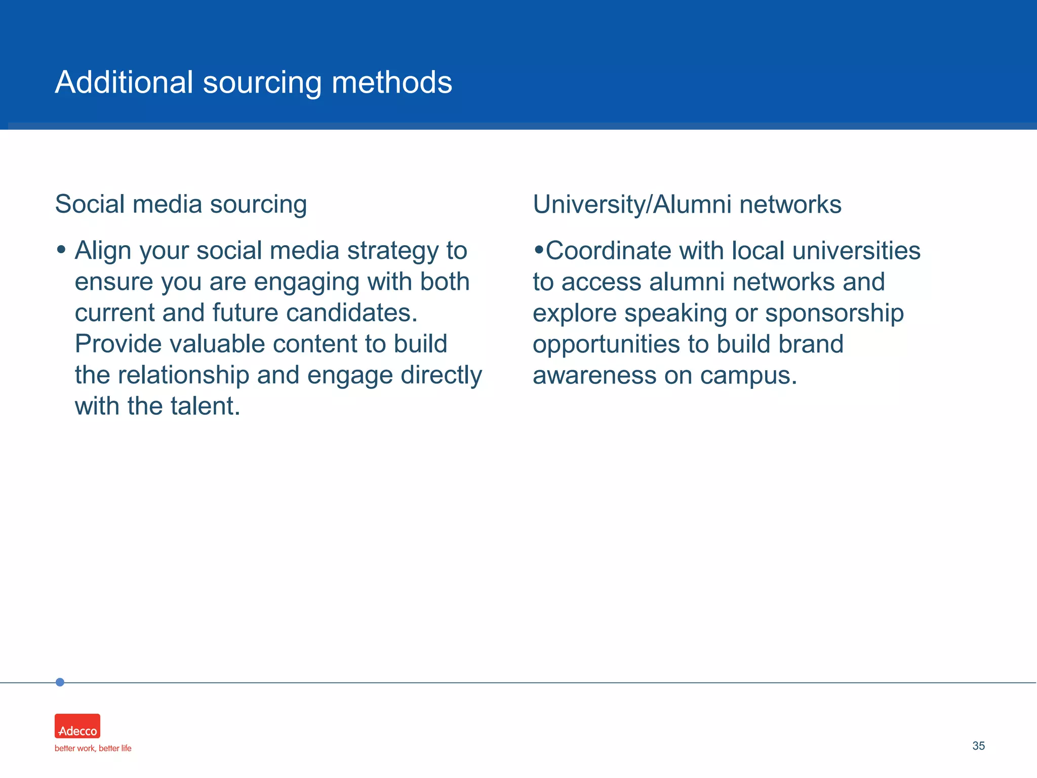 •
Social media sourcing
• Align your social media strategy to
ensure you are engaging with both
current and future candidates.
Provide valuable content to build
the relationship and engage directly
with the talent.
35
Additional sourcing methods
University/Alumni networks
•Coordinate with local universities
to access alumni networks and
explore speaking or sponsorship
opportunities to build brand
awareness on campus.
 