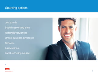 •
Sourcing options
28
Job boards
Local recruiting source
Social networking sites
Referrals/networking
Associations
Online business directories
Schools
 