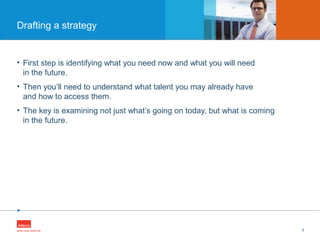 •
• First step is identifying what you need now and what you will need
in the future.
• Then you’ll need to understand what talent you may already have
and how to access them.
• The key is examining not just what’s going on today, but what is coming
in the future.
9
Drafting a strategy
 