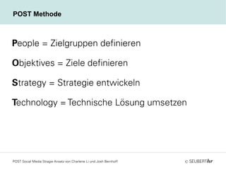 ©
POST Methode
POST Social Media Stragie Ansatz von Charlene Li und Josh Bernhoff
People = Zielgruppen definieren
Objektives = Ziele definieren
Strategy = Strategie entwickeln
Technology = Technische Lösung umsetzen
 
