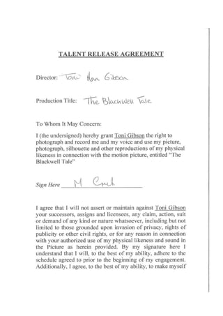 Talent release agreement signed