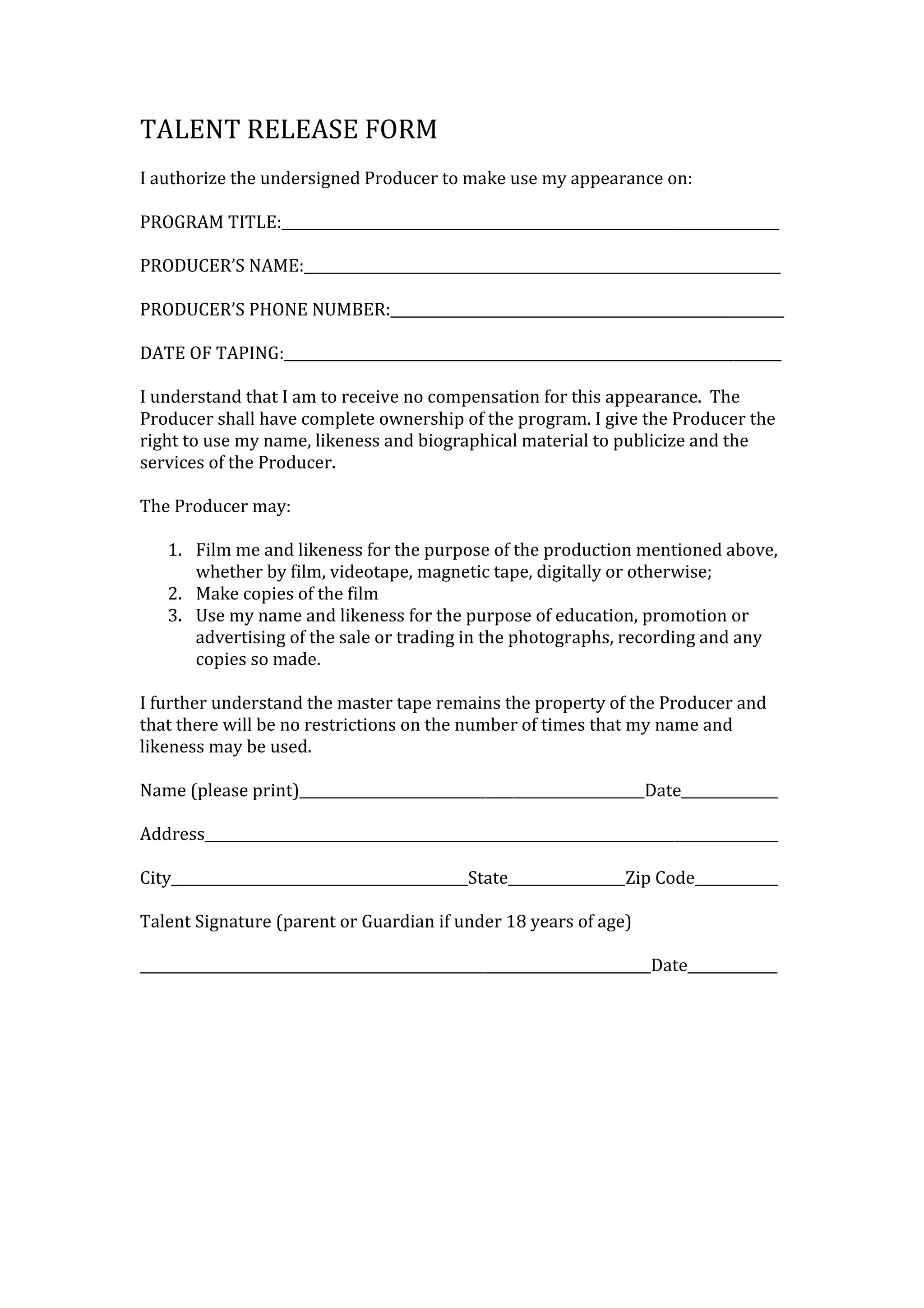 Talent Release Form | PDF