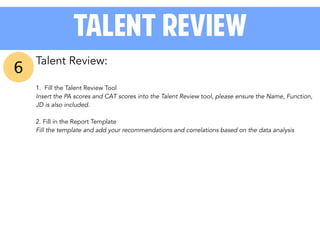 6
Talent Review
Talent Review:
!
1. Fill the Talent Review Tool
Insert the PA scores and CAT scores into the Talent Review tool, please ensure the Name, Function,
JD is also included.
!
2. Fill in the Report Template
Fill the template and add your recommendations and correlations based on the data analysis
!
!
 
