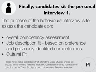 PI
!
The purpose of the behavioural interview is to
assess the candidates on:
!
• overall competency assessment
• Job description ﬁt - based on preference
and previously identiﬁed competencies.
• Cultural Fit
Finally, candidates sit the personal
interview 1.
Please note: not all candidates that attend the Case Studies should be
allowed to continue to Personal Interview. Candidates that do not make the
cut-oﬀ score for Case Studies should not receive a Personal Interview.
 