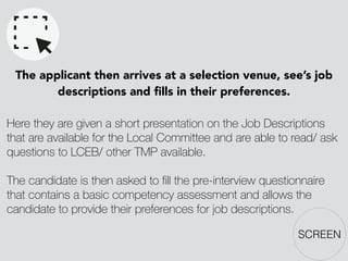 SCREEN
The applicant then arrives at a selection venue, see’s job
descriptions and ﬁlls in their preferences.
!
Here they are given a short presentation on the Job Descriptions
that are available for the Local Committee and are able to read/ ask
questions to LCEB/ other TMP available.
!
The candidate is then asked to ﬁll the pre-interview questionnaire
that contains a basic competency assessment and allows the
candidate to provide their preferences for job descriptions.
 
