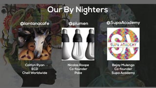 Our By Nighters
Nicolas Roope
Co-founder
Poke
Caitlyn Ryan
ECD
Cheil Worldwide
Bejay Mulenga
Co-founder
Supa Academy
@SupaAcademy@plumen@lantanacafe
 