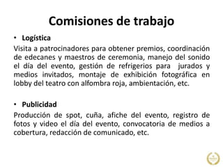 Comisiones de trabajo
• Logística
Visita a patrocinadores para obtener premios, coordinación
de edecanes y maestros de ceremonia, manejo del sonido
el día del evento, gestión de refrigerios para jurados y
medios invitados, montaje de exhibición fotográfica en
lobby del teatro con alfombra roja, ambientación, etc.
• Publicidad
Producción de spot, cuña, afiche del evento, registro de
fotos y video el día del evento, convocatoria de medios a
cobertura, redacción de comunicado, etc.
 