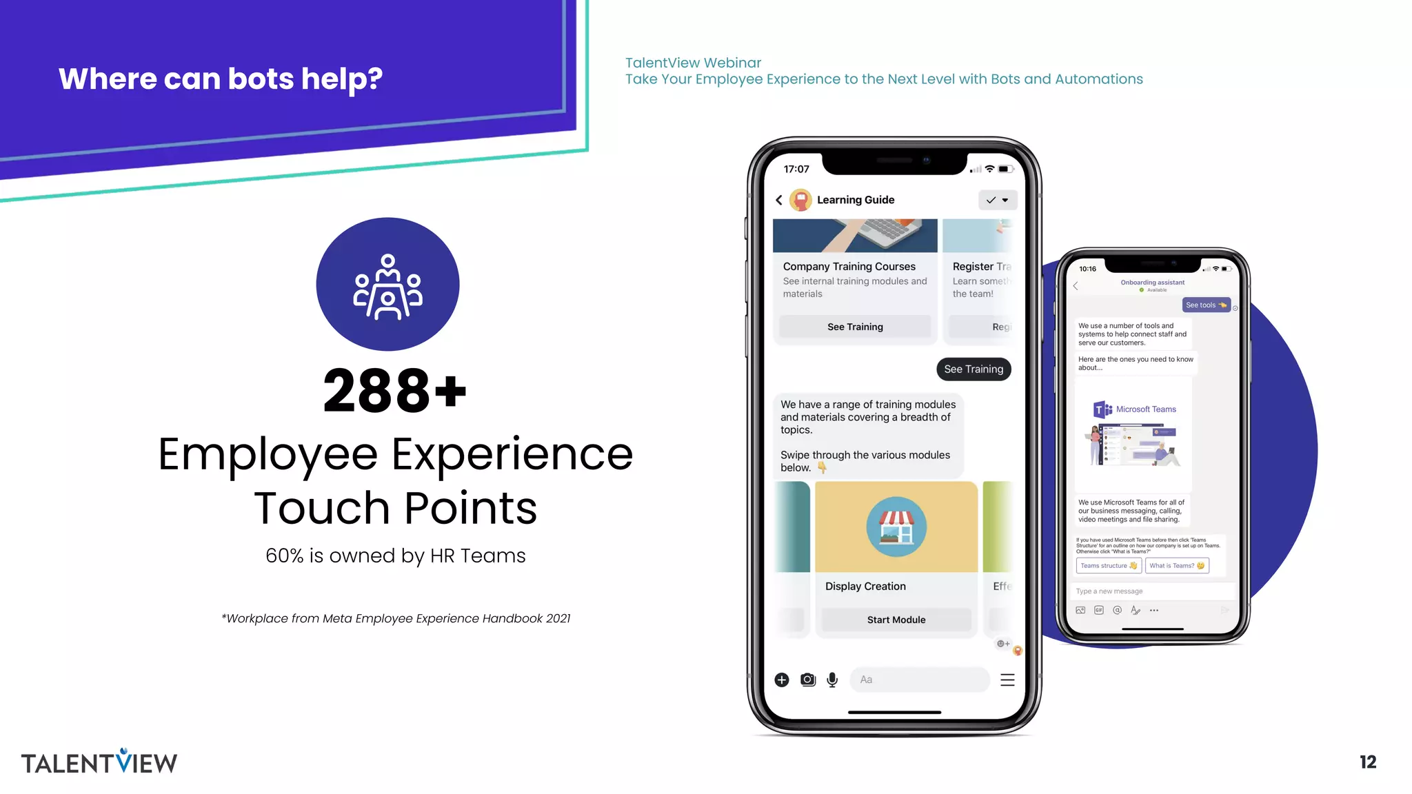 12
Where can bots help?
TalentView Webinar
Take Your Employee Experience to the Next Level with Bots and Automations
288+
Employee Experience
Touch Points
60% is owned by HR Teams
*Workplace from Meta Employee Experience Handbook 2021
 