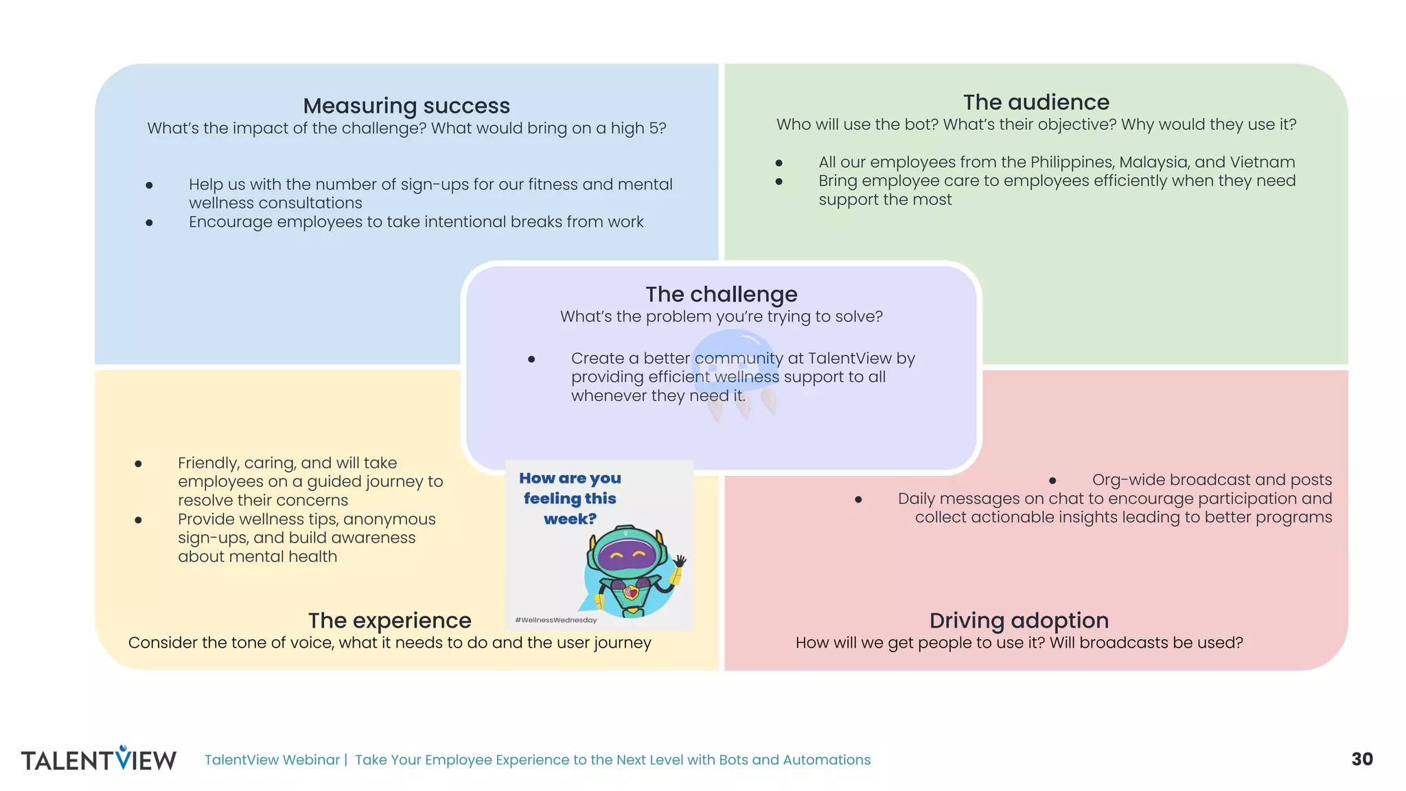30
The audience
Who will use the bot? What’s their objective? Why would they use it?
● All our employees from the Philippines, Malaysia, and Vietnam
● Bring employee care to employees efficiently when they need
support the most
Measuring success
What’s the impact of the challenge? What would bring on a high 5?
● Help us with the number of sign-ups for our fitness and mental
wellness consultations
● Encourage employees to take intentional breaks from work
● Create a better community at TalentView by
providing efficient wellness support to all
whenever they need it.
The challenge
What’s the problem you’re trying to solve?
● Org-wide broadcast and posts
● Daily messages on chat to encourage participation and
collect actionable insights leading to better programs
TalentView Webinar | Take Your Employee Experience to the Next Level with Bots and Automations
The experience
Consider the tone of voice, what it needs to do and the user journey
Driving adoption
How will we get people to use it? Will broadcasts be used?
● Friendly, caring, and will take
employees on a guided journey to
resolve their concerns
● Provide wellness tips, anonymous
sign-ups, and build awareness
about mental health
 