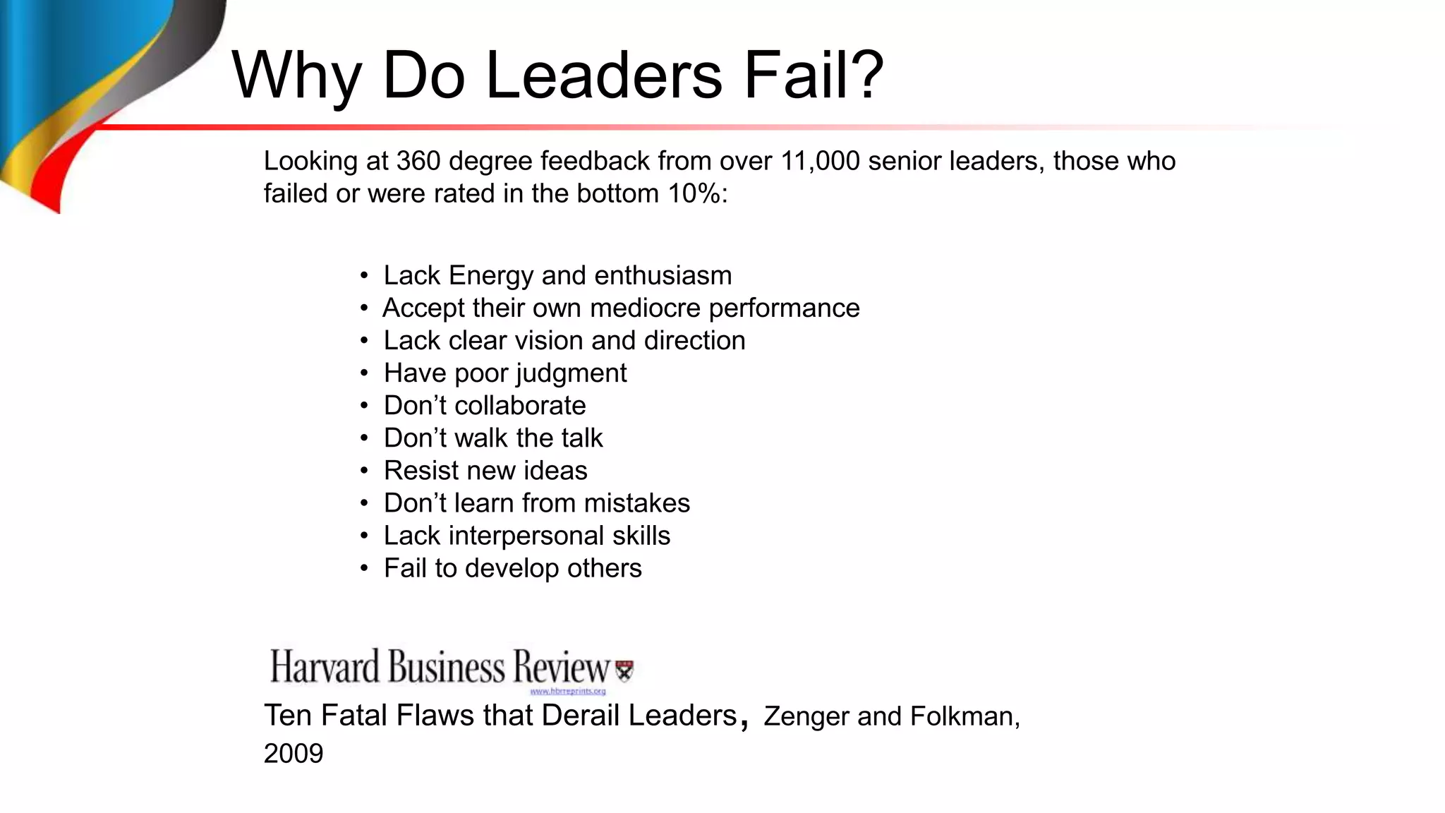Why Do Leaders Fail?
Ten Fatal Flaws that Derail Leaders, Zenger and Folkman,
2009
• Lack Energy and enthusiasm
• Accept their own mediocre performance
• Lack clear vision and direction
• Have poor judgment
• Don’t collaborate
• Don’t walk the talk
• Resist new ideas
• Don’t learn from mistakes
• Lack interpersonal skills
• Fail to develop others
Looking at 360 degree feedback from over 11,000 senior leaders, those who
failed or were rated in the bottom 10%:
 