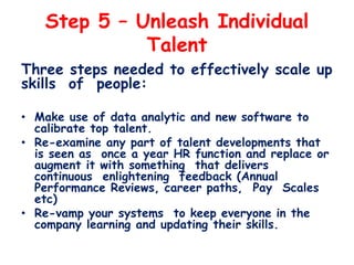 Step 5 – Unleash Individual
Talent
Three steps needed to effectively scale up
skills of people:
• Make use of data analyti...