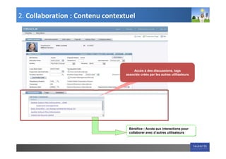 2. Collaboration : Contenu contextuel




                                      Accès à des discussions, tags
                                  associés créés par les autres utilisateurs




                                    Bénéfice : Accès aux interactions pour
                                    collaborer avec d’autres utilisateurs
 