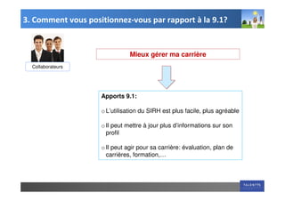 3. Comment vous positionnez-vous par rapport à la 9.1?


                               Mieux gérer ma carrière
  Collaborateurs




                    Apports 9.1:

                    o L’utilisation du SIRH est plus facile, plus agréable

                    o Il peut mettre à jour plus d’informations sur son
                      profil

                    o Il peut agir pour sa carrière: évaluation, plan de
                      carrières, formation,…
 