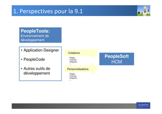 1. Perspectives pour la 9.1

  PeopleTools:
  Environnement de
  développement

   • Application Designer
                            Créations
                             •Pages             PeopleSoft
   • PeopleCode              •Champs
                             •Rapports
                             •…
                                                  HCM
   • Autres outils de       Personnalisations
     développement           •Pages
                             •Champs
                             •Rapports
                             •…
 