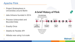 23
Apache Flink
• Project Stratosphere in
Universities around Berlin
• data Artisans founded in 2014
• Process Unbounded and
Bounded Data
• Exactly Once
• Stateful & Flexible API
• Alibaba was using it at scale
 