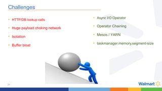 31
Challenges
• HTTP/DB lookup calls
• Huge payload choking network
• Isolation
• Buffer bloat
• Async I/O Operator
• Operator Chaining
• Mesos / YARN
• taskmanager.memory.segment-size
 