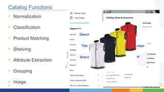 8
Catalog Functions
• Normalization
• Classification
• Product Matching
• Shelving
• Attribute Extraction
• Grouping
• Image
 
