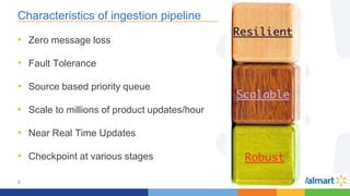 9
Characteristics of ingestion pipeline
• Zero message loss
• Fault Tolerance
• Source based priority queue
• Scale to millions of product updates/hour
• Near Real Time Updates
• Checkpoint at various stages
 