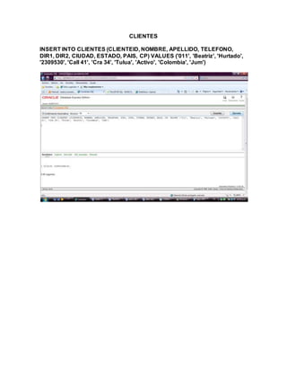 CLIENTES
INSERT INTO CLIENTES (CLIENTEID, NOMBRE, APELLIDO, TELEFONO,
DIR1, DIR2, CIUDAD, ESTADO, PAIS, CP) VALUES ('011', 'Beatriz', 'Hurtado',
'2309530', 'Call 41', 'Cra 34', 'Tulua', 'Activo', 'Colombia', 'Jum')
 