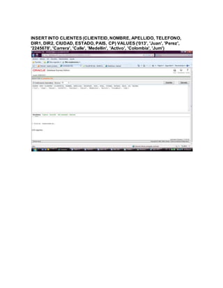 INSERT INTO CLIENTES (CLIENTEID, NOMBRE, APELLIDO, TELEFONO,
DIR1, DIR2, CIUDAD, ESTADO, PAIS, CP) VALUES ('013', 'Juan', 'Perez',
'2245678', 'Carrera', 'Calle', 'Medellín', 'Activo', 'Colombia', 'Jum')
 