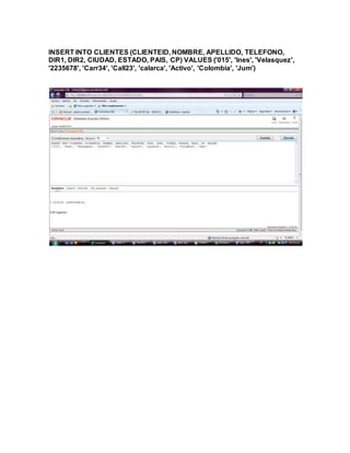 INSERT INTO CLIENTES (CLIENTEID, NOMBRE, APELLIDO, TELEFONO,
DIR1, DIR2, CIUDAD, ESTADO, PAIS, CP) VALUES ('015', 'Ines', 'Velasquez',
'2235678', 'Carr34', 'Call23', 'calarca', 'Activo', 'Colombia', 'Jum')
 