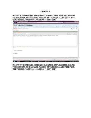 ORDENES.
INSERT INTO ORDENES (ORDENID, CLIENTEID, EMPLEADOSID, MONTO,
FECHAORDEN, FECHAENVIO, PAGOID, ESTADOID) VALUES ('O31', '011',
'021', '500000', '09/09/2001', '09/09/2001', '006', '001')
INSERT INTO ORDENES (ORDENID, CLIENTEID, EMPLEADOSID, MONTO,
FECHAORDEN, FECHAENVIO, PAGOID, ESTADOID) VALUES ('032', '012',
'022', '900000', '09/09/2001', '09/09/2001', '007', '002')
 