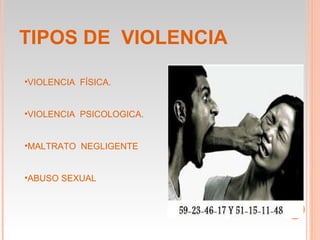 TIPOS DE VIOLENCIA

•VIOLENCIA FÍSICA.


•VIOLENCIA PSICOLOGICA.


•MALTRATO NEGLIGENTE


•ABUSO SEXUAL
 
