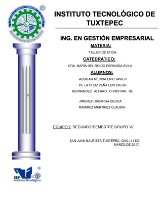 MATERIA:
TALLER DE ÉTICA
CATEDRÁTICO:
DRA. MARÍA DEL ROCÍO ESPINOSA ÁVILA
ALUMNOS:
AGUILAR MÉRIDA ERIC JAVIER
DE LA CRUZ PEÑA LUIS DIEGO
HERNANDEZ ALFARO CHRISTIAN DE
JESUS
JIMENEZ USCANGA CELICA
RAMIREZ MARTINEZ CLAUDIA
EQUIPO:2 SEGUNDO°SEMESTRE GRUPO “A”
SAN JUAN BAUTISTA TUXTEPEC, OAX.; 31 DE
MARZO DE 2017.
INSTITUTO TECNOLÓGICO DE
TUXTEPEC
ING. EN GESTIÓN EMPRESARIAL
 