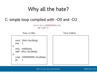Why all the hate?
C: simple loop compiled with -O0 and -O2
for (i = 0; i < 1000000000; i++)
val = val * 2;
movl $0x0,-0xc(%rbp)
jmp 2
1:
shlq -0x8(%rbp)
addl $0x1,-0xc(%rbp)
2:
cmpl $999999999,-0xc(%rbp)
jle 1
Time: 2.238s Time: 0.001s
@fleming_mattTales of Linux micro-benchmarks
 