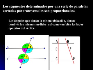 Los segmentos determinados por una serie de paralelas cortadas por transversales son proporcionales: Los ángulos que tienen la misma ubicación, tienen también las mismas medidas, así como también los lados opuestos del vértice. 