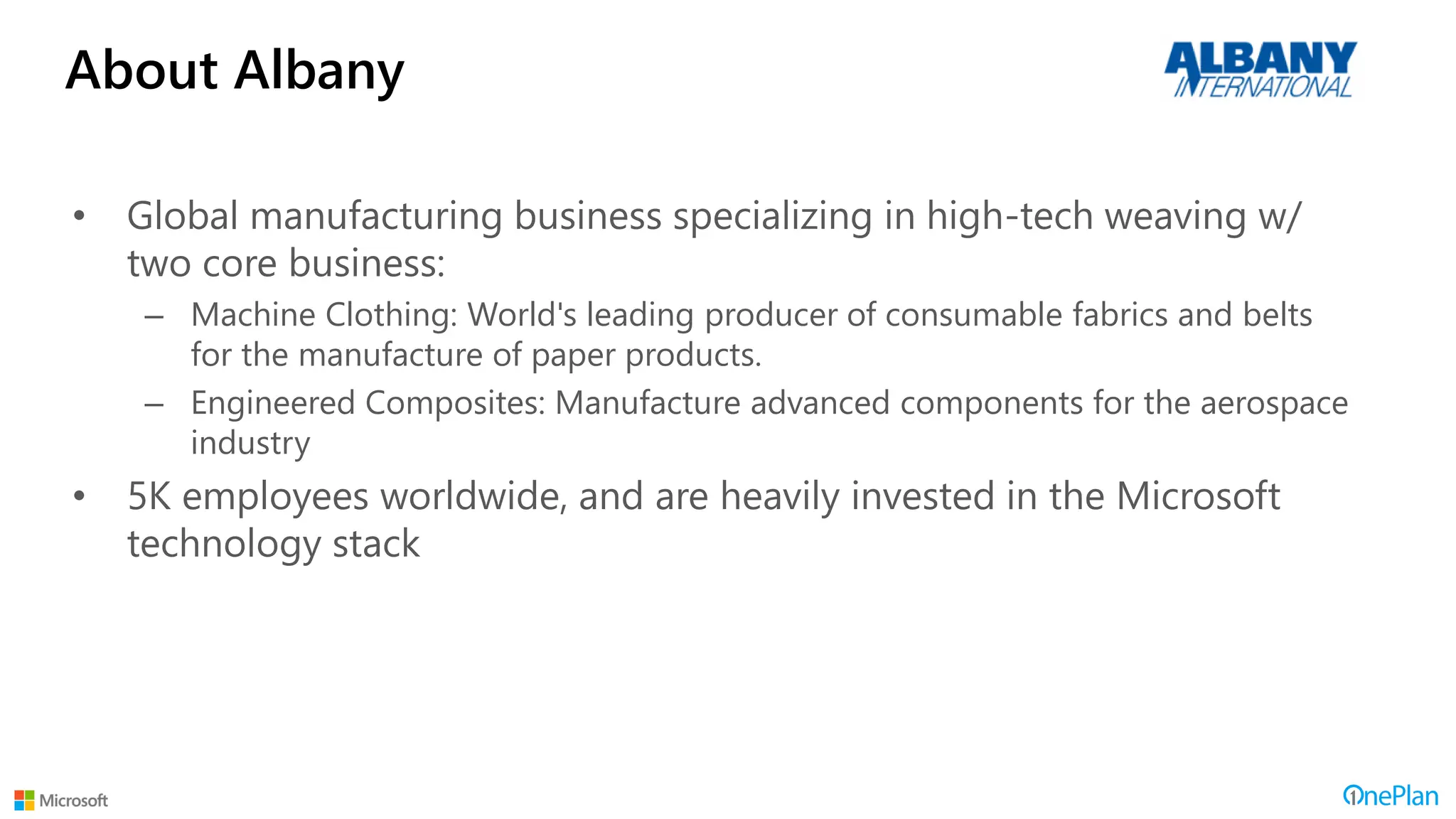 About Albany
• Global manufacturing business specializing in high-tech weaving w/
two core business:
– Machine Clothing: World's leading producer of consumable fabrics and belts
for the manufacture of paper products.
– Engineered Composites: Manufacture advanced components for the aerospace
industry
• 5K employees worldwide, and are heavily invested in the Microsoft
technology stack
 