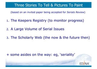 Three Stories To Tell & Pictures To Paint
      (based on an invited paper being accepted for Serials Review)


1.    The Keepers Registry (to monitor progress)

2.    A Large Volume of Serial Issues

3.    The Scholarly Web (the now & the future then)




+ some asides on the way: eg, ‘seriality’
 