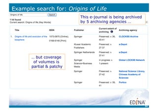 Example search for: Origins of Life
                          This e-journal is being archived
                          by 5 archiving agencies …




       … but coverage
        of volumes is
       partial  patchy




                                                             24
 