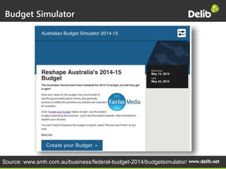 Budget Simulator
Source: www.smh.com.au/business/federal-budget-2014/budgetsimulator/