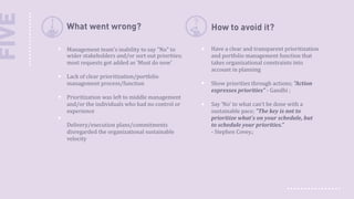 FIVE

What went wrong?

How to avoid it?

Management team's inability say "No" to
wider stakeholders and/or sort out priorities;
most requests got added as 'Must do now'

Have a clear and transparent prioritization
and portfolio management function that
takes organizational constraints into
account in planning

Lack of clear prioritization/portfolio
management process/function
Prioritization was left to middle management
and/or the individuals who had no control or
experience
Delivery/execution plans/commitments
disregarded the organizational sustainable
velocity

Show priorities through actions; "Action
expresses priorities" - Gandhi ;
Say 'No' to what can't be done with a
sustainable pace; "The key is not to
prioritize what's on your schedule, but
to schedule your priorities."
- Stephen Covey.;

 
