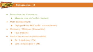 Rétrospective - v1
➔ Écosystème des Conteneurs :
◆ Moins de code et d’outils à maintenir
➔ Motif de déploiement :
◆ Déployer N fois, PAS “scaler” horizontalement
➔ Monitoring / Métriques (Observabilité)
◆ Faux problème
➔ Gestion des ressources (Actionnabilité)
◆ De : 1 stack pour 1 VM
◆ Vers : N stacks pour N VMs
 