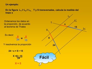 Un ejemplo:

 En la figura L1 // L2 // L3 , T y S transversales, calcula la medida del
 trazo x
                                                                L1

Ordenamos los datos en                                              L2
                                                 T
la proporción, de acuerdo                                 x
al teorema de Thales                                                15
                                                                            L3
                                         S

 Es decir:
             8    X                          8
             24 = 15
Y resolvemos la proporción                           24

    24 • x = 8 • 15

         X =8 • 15
             24                   Fácil
             X=5
 