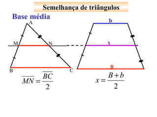 Semelhança de triângulos Base média A B C M N B b x 