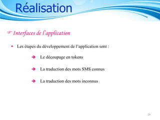 Réalisation
Interfaces de l’application
 Les étapes du développement de l’application sont :


Le découpage en tokens



La traduction des mots SMS connus



La traduction des mots inconnus

29

 