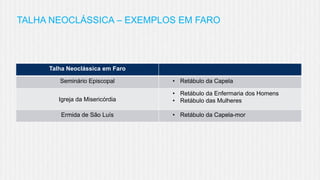TALHA NEOCLÁSSICA – EXEMPLOS EM FARO

Talha Neoclássica em Faro
Seminário Episcopal

• Retábulo da Capela

Igreja da Misericórdia

• Retábulo da Enfermaria dos Homens
• Retábulo das Mulheres

Ermida de São Luís

• Retábulo da Capela-mor

 