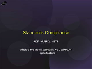 RDF, SPARQL, HTTP Where there are no standards we create open specifications Standards Compliance 