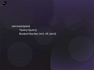 /services/sparql   ?query=[query]   &output=[syntax (xml, rdf, json)] 