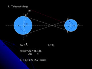 Talisawat silang  1   2 H E G J D C F A B AC =   1  =   2   kos    =  AB  =  R 1  + R 2 AC   1  =   2  = ( 2   -2    ) radian   