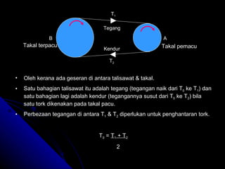 T 1 T 2 B A Tegang  Kendur  Takal terpacu Takal pemacu Oleh kerana ada geseran di antara talisawat & takal. Satu bahagian talisawat itu adalah tegang (tegangan naik dari T 0  ke T 1 ) dan satu bahagian lagi adalah kendur (tegangannya susut dari T 0  ke T 2 ) bila satu tork dikenakan pada takal pacu. Perbezaan tegangan di antara T 1  & T 2  diperlukan untuk penghantaran tork. T 0  =  T 1  + T 2 2  